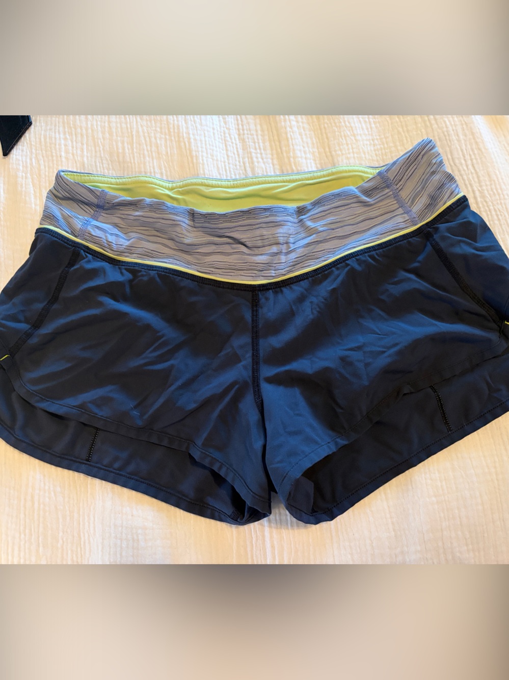 Navy Lululemon shorts with Lime Waistband